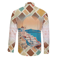 Santorini Greece Family Matching Off The Shoulder Long Sleeve Dress and Hawaiian Shirt Sunset Village Print and Mediterranean Geometric Pattern