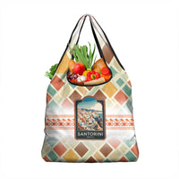 Santorini Greece Grocery Bag Sunset Village Print and Mediterranean Geometric Pattern