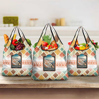 Santorini Greece Grocery Bag Sunset Village Print and Mediterranean Geometric Pattern