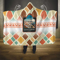 Santorini Greece Hooded Blanket Sunset Village Print and Mediterranean Geometric Pattern