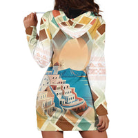 Santorini Greece Hoodie Dress Sunset Village Print and Mediterranean Geometric Pattern