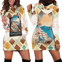 Santorini Greece Hoodie Dress Sunset Village Print and Mediterranean Geometric Pattern