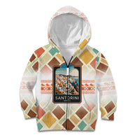 Santorini Greece Kid Hoodie Sunset Village Print and Mediterranean Geometric Pattern