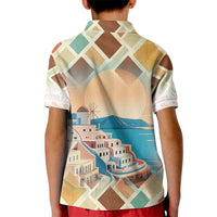 Santorini Greece Kid Polo Shirt Sunset Village Print and Mediterranean Geometric Pattern
