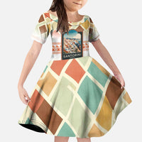 Santorini Greece Kid Short Sleeve Dress Sunset Village Print and Mediterranean Geometric Pattern