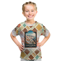 Santorini Greece Kid T Shirt Sunset Village Print and Mediterranean Geometric Pattern