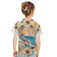 Santorini Greece Kid T Shirt Sunset Village Print and Mediterranean Geometric Pattern