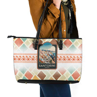 Santorini Greece Leather Tote Bag Sunset Village Print and Mediterranean Geometric Pattern