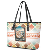 Santorini Greece Leather Tote Bag Sunset Village Print and Mediterranean Geometric Pattern