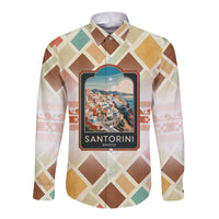 Santorini Greece Long Sleeve Button Shirt Sunset Village Print and Mediterranean Geometric Pattern