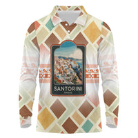 Santorini Greece Long Sleeve Polo Shirt Sunset Village Print and Mediterranean Geometric Pattern