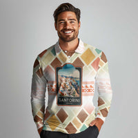 Santorini Greece Long Sleeve Polo Shirt Sunset Village Print and Mediterranean Geometric Pattern