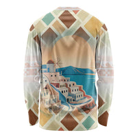 Santorini Greece Long Sleeve Shirt Sunset Village Print and Mediterranean Geometric Pattern