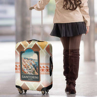 Santorini Greece Luggage Cover Sunset Village Print and Mediterranean Geometric Pattern