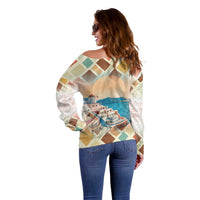 Santorini Greece Off Shoulder Sweater Sunset Village Print and Mediterranean Geometric Pattern