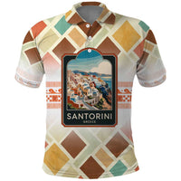 Santorini Greece Polo Shirt Sunset Village Print and Mediterranean Geometric Pattern