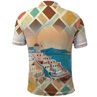 Santorini Greece Polo Shirt Sunset Village Print and Mediterranean Geometric Pattern