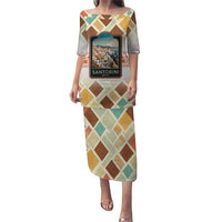 Santorini Greece Puletasi Sunset Village Print and Mediterranean Geometric Pattern