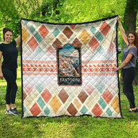 Santorini Greece Quilt Sunset Village Print and Mediterranean Geometric Pattern