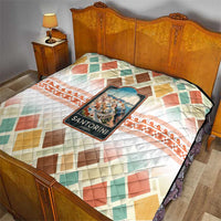 Santorini Greece Quilt Sunset Village Print and Mediterranean Geometric Pattern