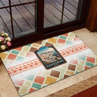 Santorini Greece Rubber Doormat Sunset Village Print and Mediterranean Geometric Pattern