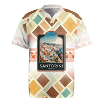 Santorini Greece Rugby Jersey Sunset Village Print and Mediterranean Geometric Pattern
