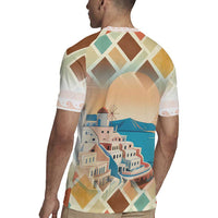 Santorini Greece Rugby Jersey Sunset Village Print and Mediterranean Geometric Pattern