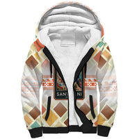 Santorini Greece Sherpa Hoodie Sunset Village Print and Mediterranean Geometric Pattern