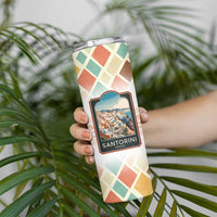 Santorini Greece Skinny Tumbler Sunset Village Print and Mediterranean Geometric Pattern
