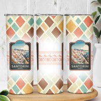 Santorini Greece Skinny Tumbler Sunset Village Print and Mediterranean Geometric Pattern