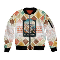 Santorini Greece Sleeve Zip Bomber Jacket Sunset Village Print and Mediterranean Geometric Pattern