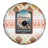 Santorini Greece Spare Tire Cover Sunset Village Print and Mediterranean Geometric Pattern