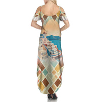 Santorini Greece Summer Maxi Dress Sunset Village Print and Mediterranean Geometric Pattern