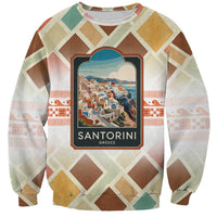 Santorini Greece Sweatshirt Sunset Village Print and Mediterranean Geometric Pattern