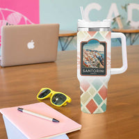 Santorini Greece Tumbler With Handle Sunset Village Print and Mediterranean Geometric Pattern