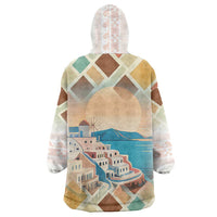 Santorini Greece Wearable Blanket Hoodie Sunset Village Print and Mediterranean Geometric Pattern