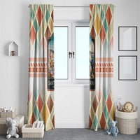 Santorini Greece Window Curtain Sunset Village Print and Mediterranean Geometric Pattern