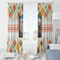 Santorini Greece Window Curtain Sunset Village Print and Mediterranean Geometric Pattern