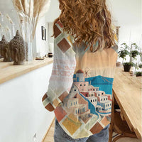 Santorini Greece Women Casual Shirt Sunset Village Print and Mediterranean Geometric Pattern