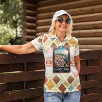 Santorini Greece Women Polo Shirt Sunset Village Print and Mediterranean Geometric Pattern