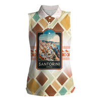 Santorini Greece Women Sleeveless Polo Shirt Sunset Village Print and Mediterranean Geometric Pattern