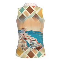 Santorini Greece Women Sleeveless Polo Shirt Sunset Village Print and Mediterranean Geometric Pattern