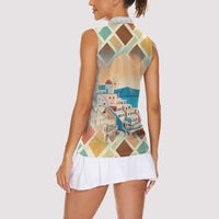 Santorini Greece Women Sleeveless Polo Shirt Sunset Village Print and Mediterranean Geometric Pattern