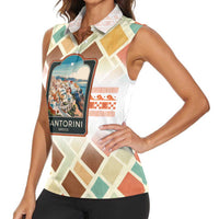 Santorini Greece Women Sleeveless Polo Shirt Sunset Village Print and Mediterranean Geometric Pattern