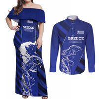 Greek Pride Couples Matching Off Shoulder Maxi Dress and Long Sleeve Button Shirt with Ancient Sculpture and National Map Graphic