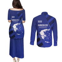 Greek Pride Couples Matching Puletasi and Long Sleeve Button Shirt with Ancient Sculpture and National Map Graphic