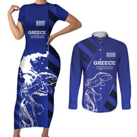 Greek Pride Couples Matching Short Sleeve Bodycon Dress and Long Sleeve Button Shirt with Ancient Sculpture and National Map Graphic