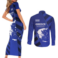 Greek Pride Couples Matching Short Sleeve Bodycon Dress and Long Sleeve Button Shirt with Ancient Sculpture and National Map Graphic