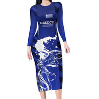 Greek Pride Long Sleeve Bodycon Dress with Ancient Sculpture and National Map Graphic