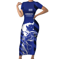 Greek Pride Short Sleeve Bodycon Dress with Ancient Sculpture and National Map Graphic